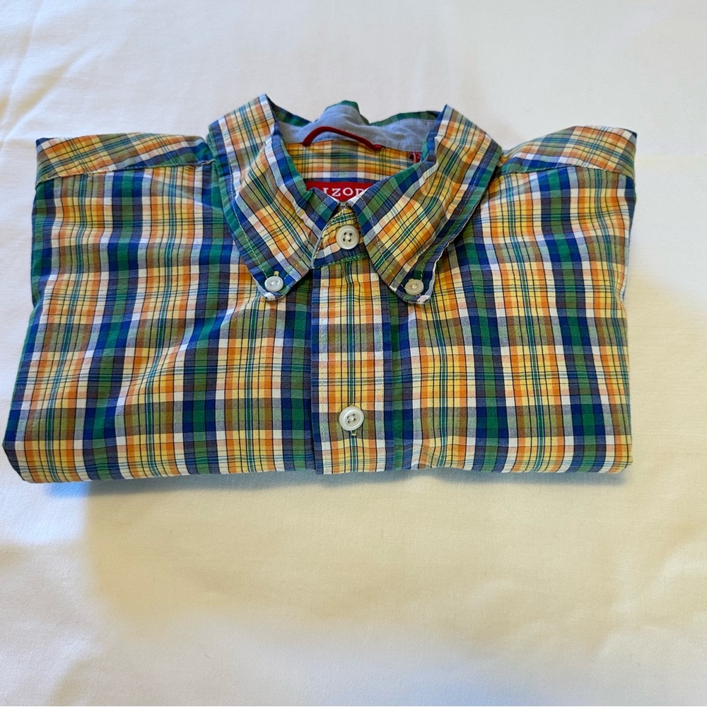 IZOD Men’s Large Long Sleeve Green, Yellow, Blue, Orange Plaid Shirt 100% Cotton - Picture 11 of 11